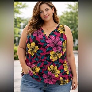 Worthington Floral Tank Top - Pink and Yellow Plus Size 3X